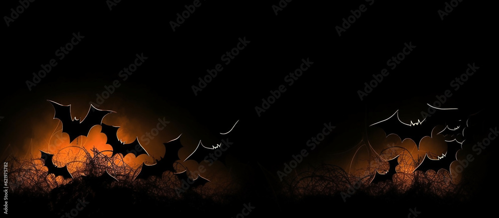 Creepy Halloween banner with silhouettes of bats. Black background with copy space. Generative AI