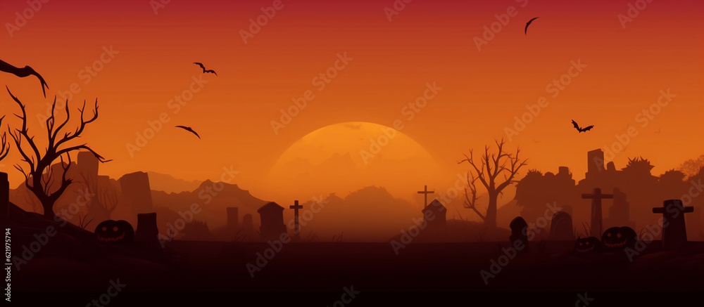 Silhouettes of tombstones against background of orange moon. Halloween banner. Generative AI