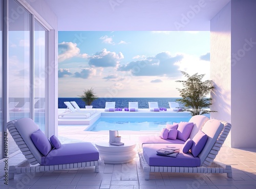 The edge Luxury swimming pool with white fashion deckchairs on the beach., Exterior design. Created with Generative AI technology.