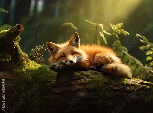 Red cute fox, animal sleeps on a tree. Created with Generative AI technology.