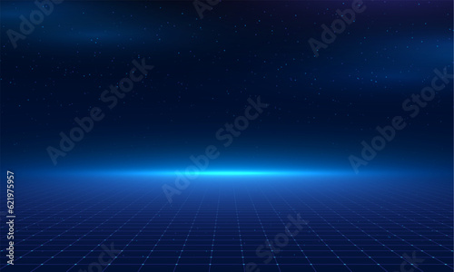 Synthwave wireframe net illustration. Abstract digital background. 80s, 90s Retro futurism, Retro wave cyber grid. Deep space surfaces. Neon lights glowing. Starry background. Vector 3D Rendering