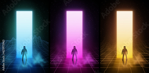 Set of Neon glowing retro Astronaut Spaceman Background Design. Synthwave wireframe net illustration. Abstract digital background. 80s, 90s Retro futurism, Retro wave cyber grid. Deep space surfaces.
