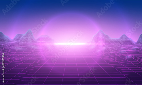 Synthwave wireframe net sunset illustration. Abstract digital background. 80s, 90s Retro futurism, Retro wave cyber grid. Deep space surfaces. Neon lights glowing. Starry background. Vector 3D Renderi