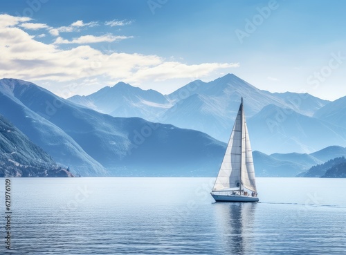 Sailing boat in the sea against the backdrop of mountains. Created with Generative AI technology.