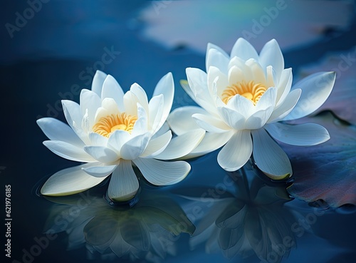 White lotus with yellow pollen on surface of pond. Created with Generative AI technology.