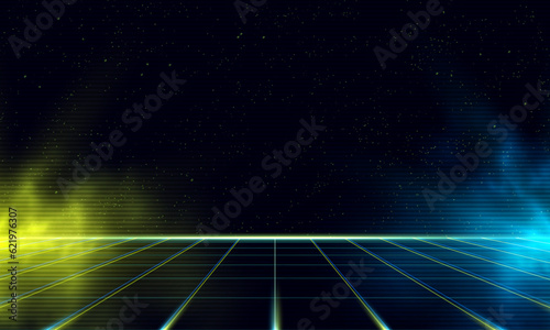 Synthwave wireframe net illustration with smoke or fog. Abstract digital background. 80s, 90s Retro futurism, Retro wave cyber grid. Deep space surfaces. Neon lights glowing. Starry background. 