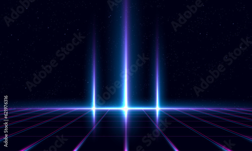 Synthwave vaporwave retrowave cyber background with copy space, laser grid, starry sky, blue and purple glows with smoke and particles. Design for poster, cover, wallpaper, web, banner, etc. 