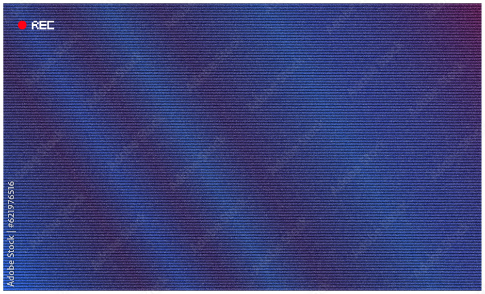 Retro CCTV or VHS video white noise background texture with red recording indicator. Vintage horizontal scanlines with vignette border. Grungy distressed horror film backdrop 8k 16:9 3D rendering 