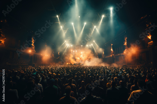 Euphoric Concert Spectacle. Vibrant Atmosphere with Lights, Smoke, and Electrifying Artist