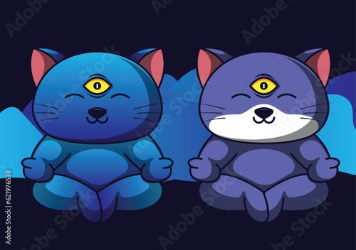 two cats doing meditation cartoon flat and mascot style vector illustration