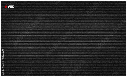 Retro CCTV or VHS video white noise background texture with red recording indicator. Vintage horizontal scanlines with vignette border. Grungy distressed horror film backdrop 8k 16:9 3D rendering  photo