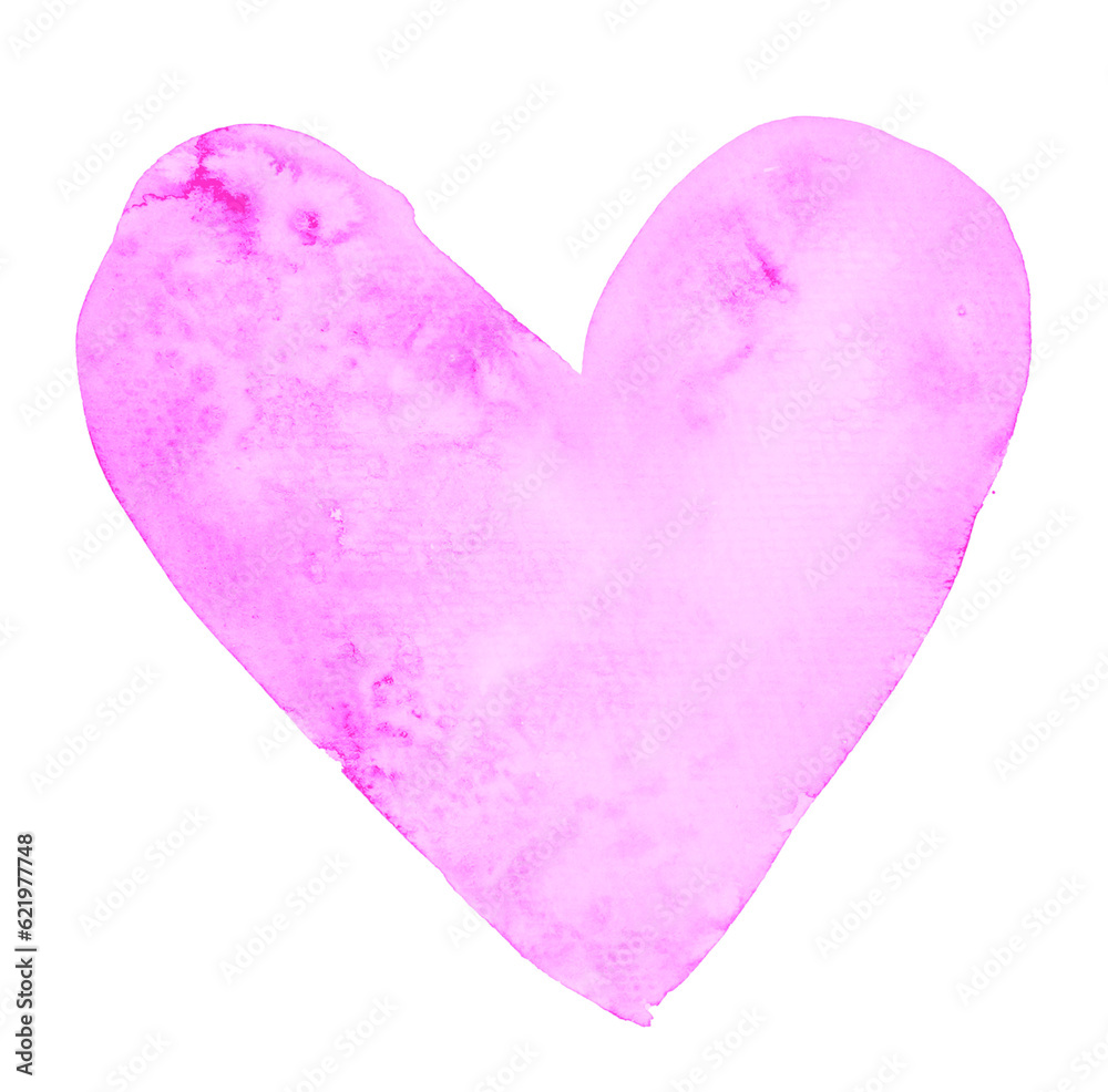 Bright Pink Watercolor Heart. Light Pink Hand Painted Love Symbol. No Background. Simple Graphic with Isolated Heart.