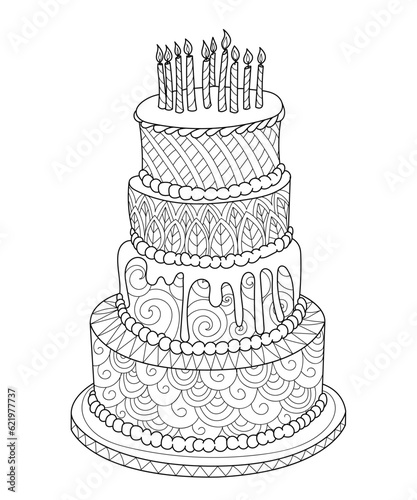 Hand drawn doodle cake with candles for coloring book for kids and adults. Zentangle style. 
