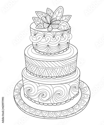 Hand drawn doodle cake for coloring book for kids and adults. Zentangle style. 
