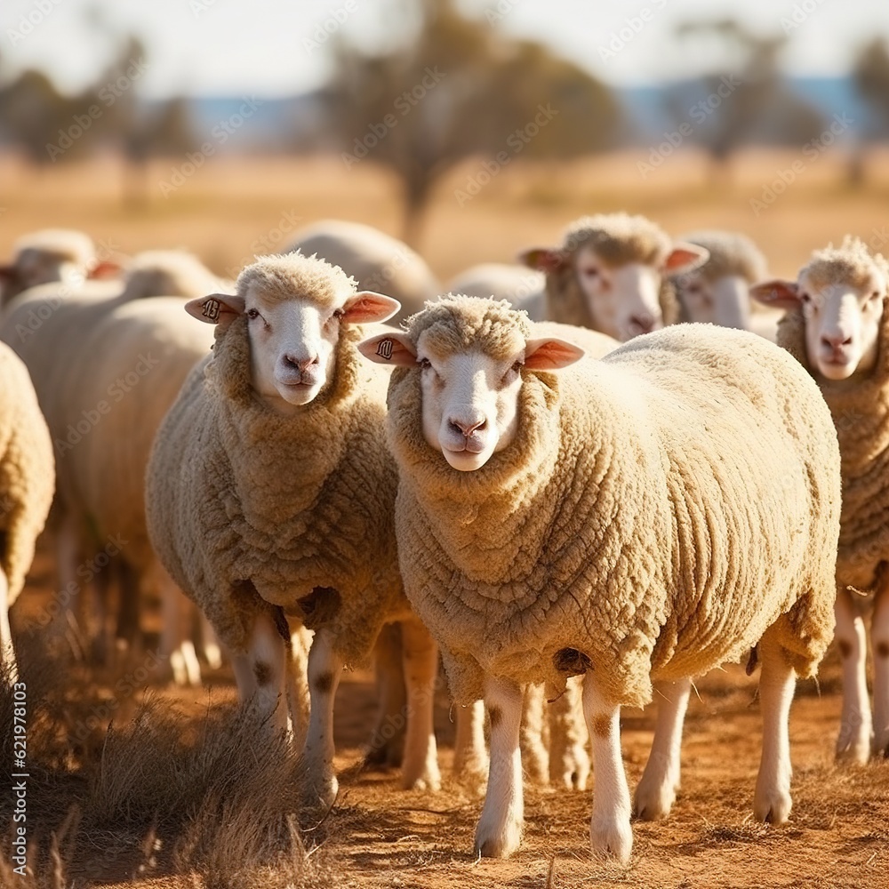 Obraz premium Merino sheep farm pasture countryside. Generative AI