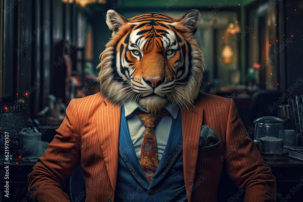 Anthropomorphic Tiger wearing suit, a metaphor for successful and bold business mindset, CEO business mindset motivation