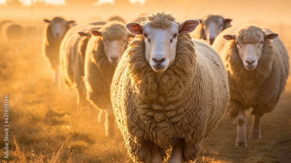 Fototapeta premium Merino sheep farm pasture countryside. Generative AI
