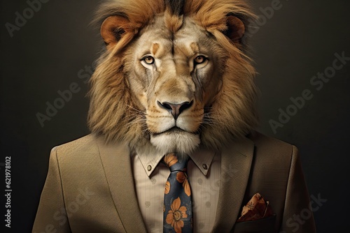 Anthropomorphic Lion wearing suit  a metaphor for successful and bold business mindset  CEO business mindset motivation