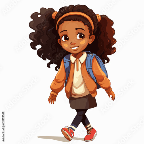 simple cartoon clipart black african american girl student child going to school white background
