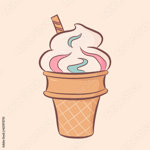 Ice cream in cartoon style. Vector illustration of colourful cold sweet dessert in doodle style