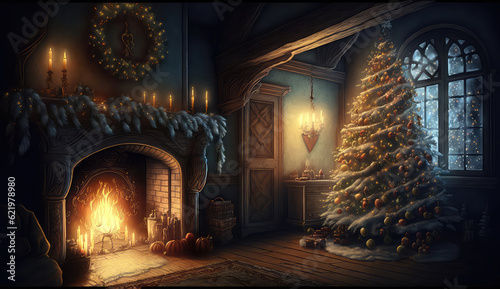 interior christmas. magic glowing tree  fireplace and gifts   digital painting  illustration painting  ai generated 