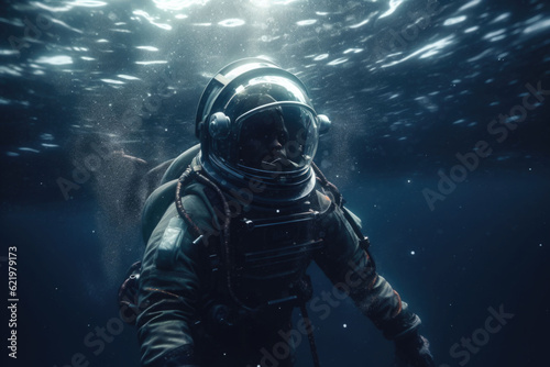 An astronaut is floating in the ocean. Spaceman in the underwater. Generative AI © barmaleeva