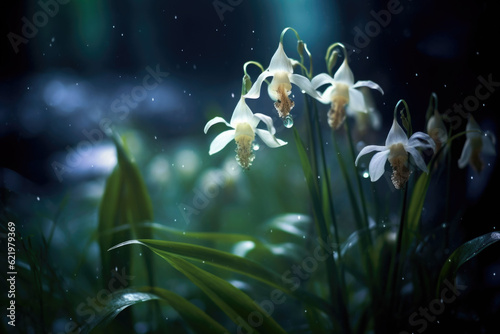 Spectral white wild orchids shimmer in darkness. Generative AI