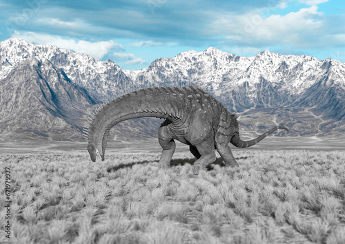 alamosaurus is eating in the plains and mountains cool view