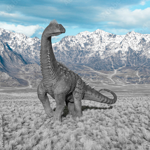 alamosaurus is walking in the plains and mountains cool view