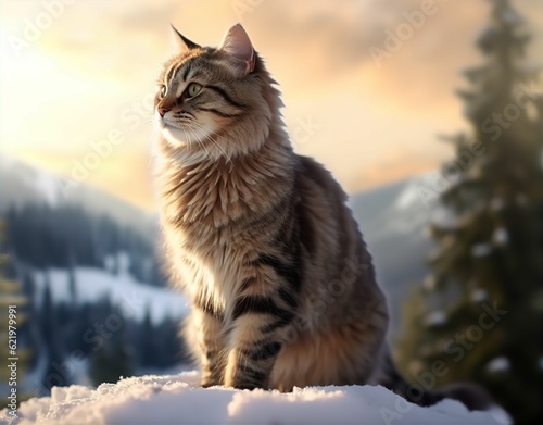 A cat sitting in snow. Generative AI