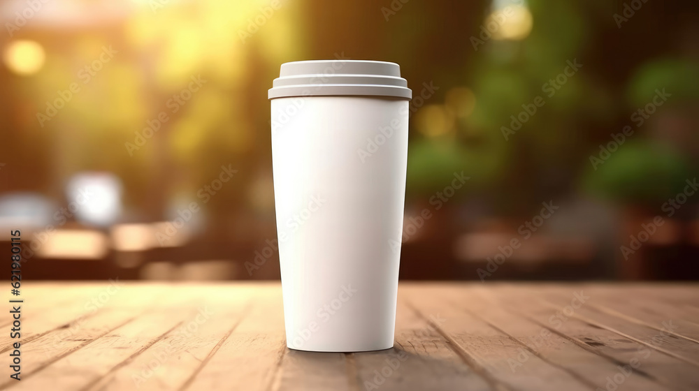 A white travel mug for a mockup blank template on the desk A white travel mug for a mockup blank template on the desk