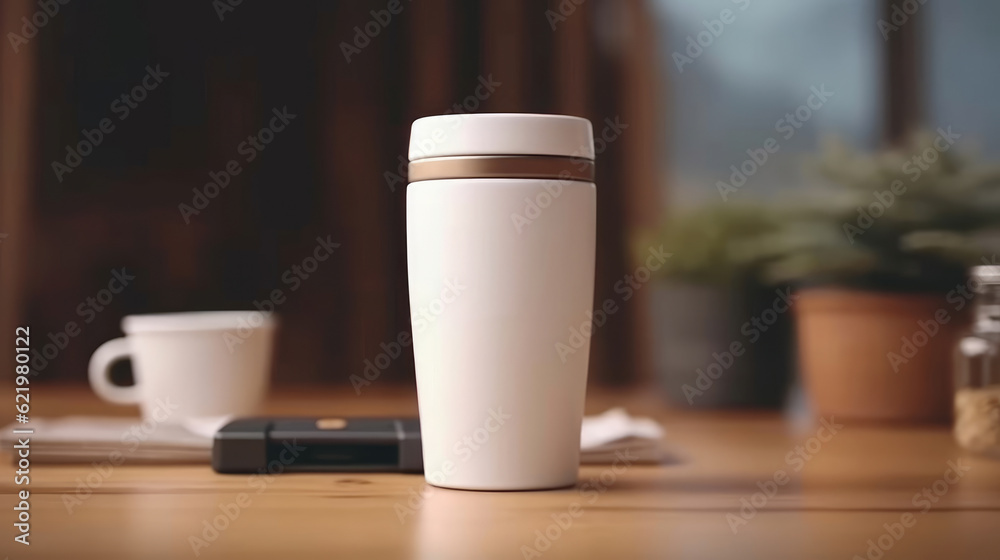A white travel mug for a mockup blank template on the desk A white travel mug for a mockup blank template on the desk