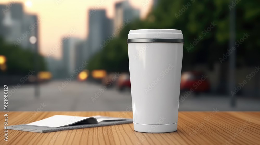 A white travel mug for a mockup blank template on the desk A white travel mug for a mockup blank template on the desk