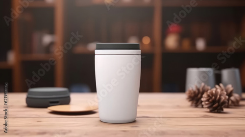 A white travel mug for a mockup blank template on the desk