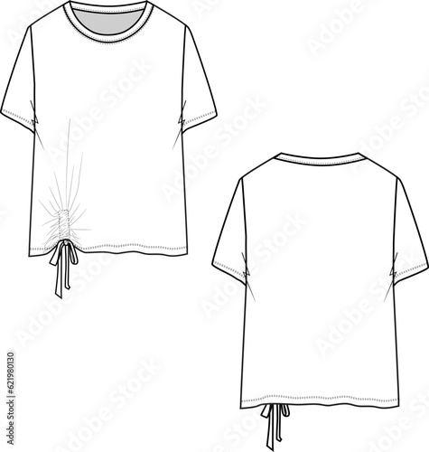 Fashion crew neck front side hem knotted top technical drawing flat sketches design vector