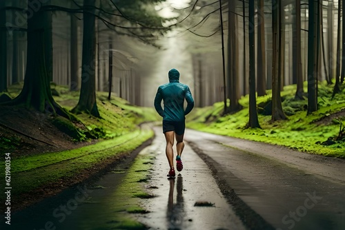 Athlete runnerforest trail in the rain. Generative AI