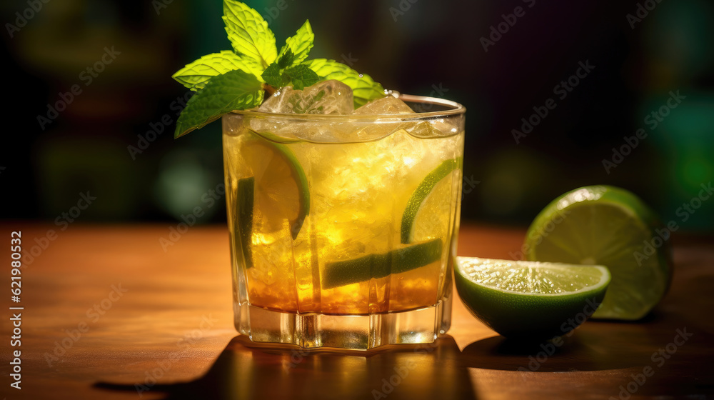 A glass of Tropical Mai Tai Cocktail on the bar counter A glass of Tropical Mai Tai Cocktail on the bar counter