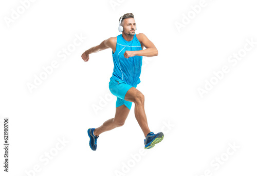 concentrated jogger stretched legs before running. sport jogger listen to music in headphones. The jogger ran at sport training isolated on white. In a morning sport workout jogger run in studio © be free