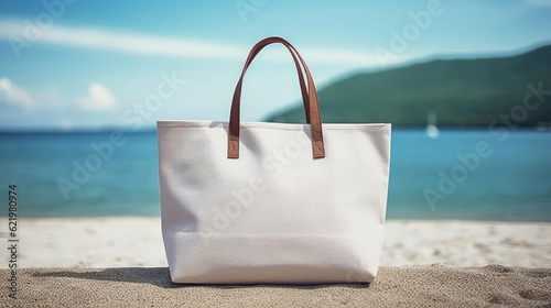 A white tote bag canvas fabric for mockup blank template on outdoor table