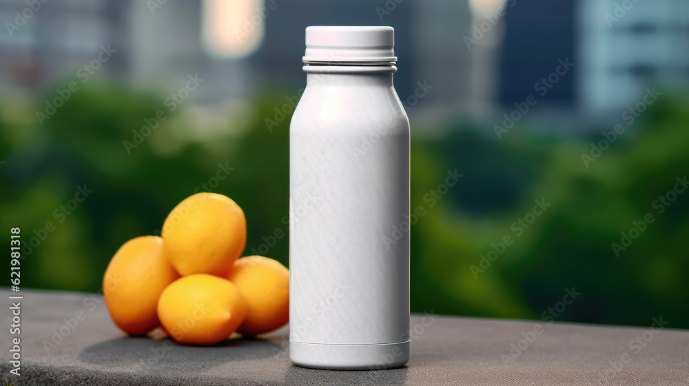 A white tumbler bottle with a black cap for a mockup blank template on the desk A white tumbler bottle with a black cap for a mockup blank template on the desk