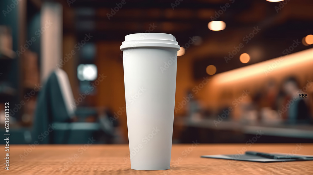 A white travel mug for a mockup blank template on the desk A white travel mug for a mockup blank template on the desk
