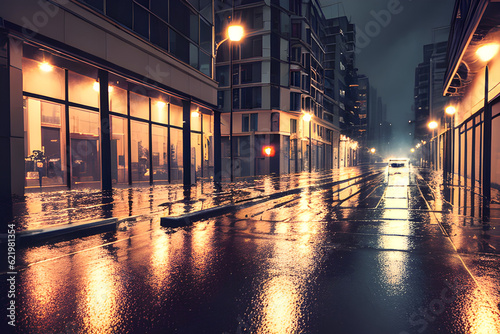 a rainy night building street