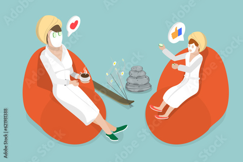 3D Isometric Flat Vector Conceptual Illustration of Family Spa, Mother and Teen Child Spending Time Together