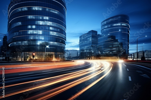 office buildings with light trails, generative ai