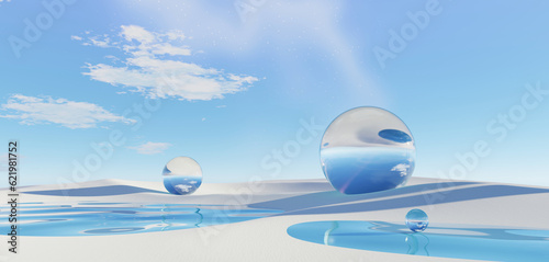 3d render Surreal pastel landscape background with geometric shapes, abstract fantastic desert dune in seasoning landscape with arches, panoramic, futuristic scene with copy space, blue sky and cloudy