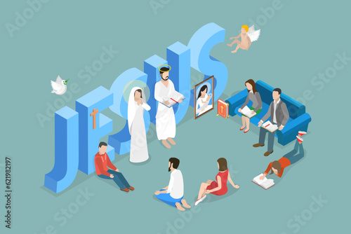 3D Isometric Flat Vector Conceptual Illustration of Christianity, Set of Religious People and Jesus Christ