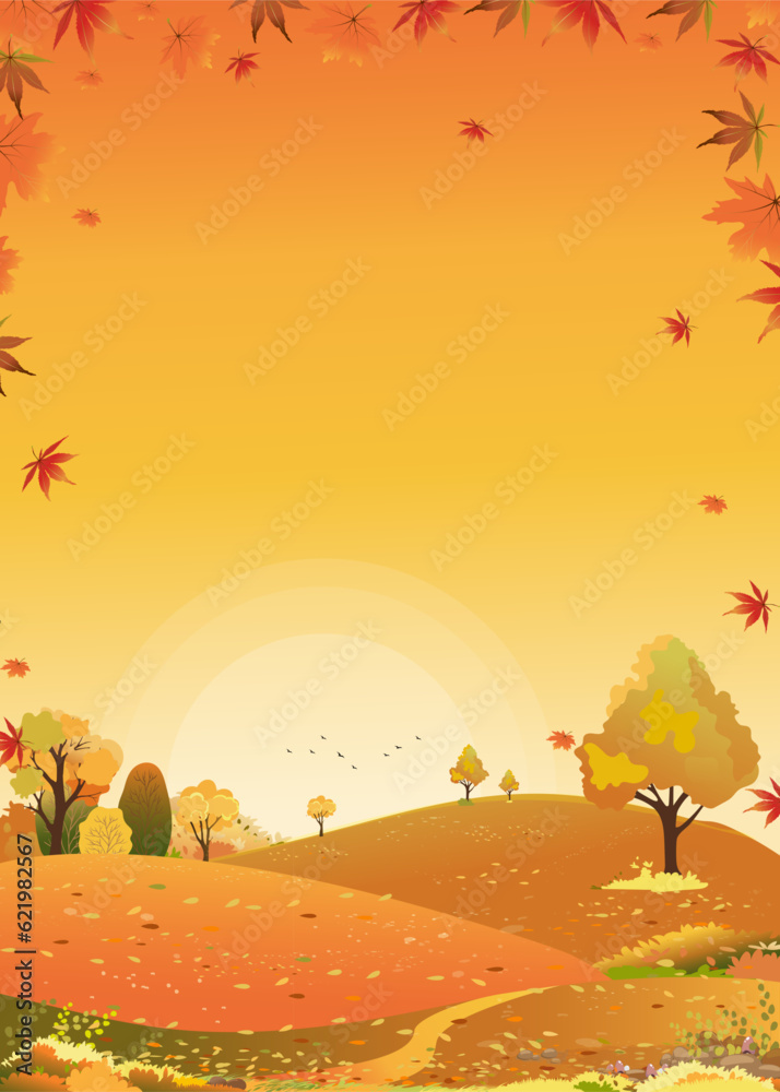 Autumn landscape of farm field with blue sky background,Horizon Fall season in countryside with cloud sky and Sun,Mountain,grass land in Orange foliage,Vector Vertical banner for Thanksgiving backdrop