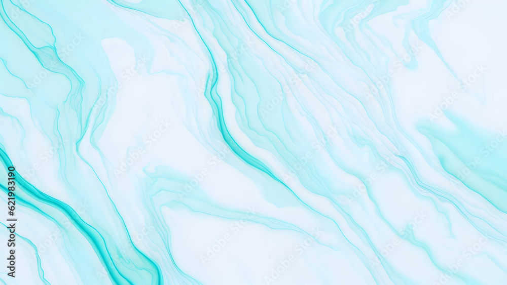 Pastel cyan mint liquid marble watercolor background with white lines and brush stains