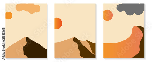 Minimalist abstract landscape set. Hand drawn contemporary travel poster, nature wall art decor, oriental style sand dunes background.