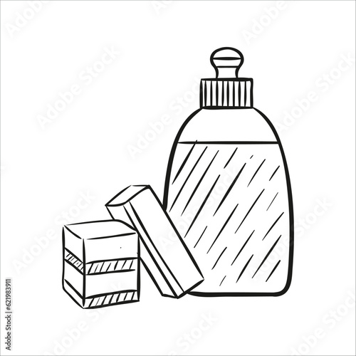 plastic bottle with detergent and sponge. Hand drawn vector illustration